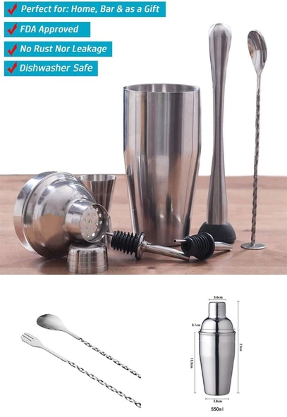 Kokteyl Hazırlama Shaker Seti 6 Parça Çelik Shaker Barmen Seti - 5