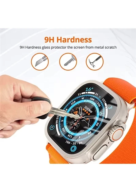 Apple Watch Uyumlu Ekran Koruyucu Gri 49mm Ultra 2-3 Temperli Akıllı Saat Camı Çizilmez Çelik Çerçeveli - 5