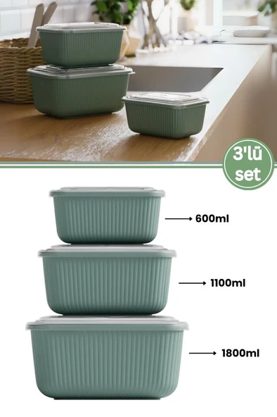 Flora 3’lü Erzak Gıda Saklama Kabı, Buzdolabı Düzenleyici Organizer 3’lü Set (600ml,1100ml,1800ml) - 10
