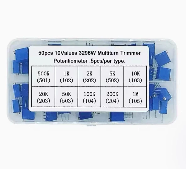 50 Adet 500R/1MR Çok Turlu Trimpot Potansiyometre Seti Dik 3296W 10 Çeşit Şeffaf Çantada - 3