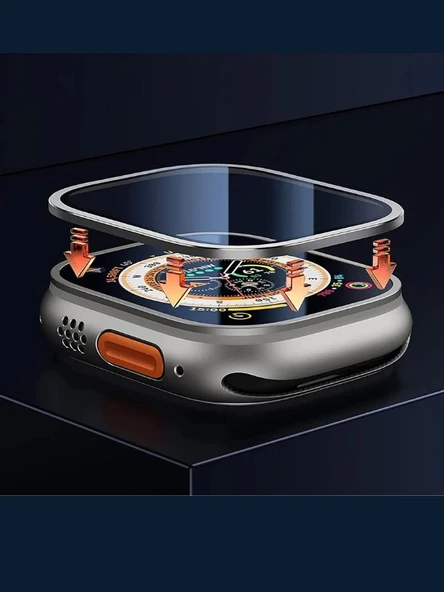 Apple Watch Uyumlu Ekran Koruyucu Gri 49mm Ultra 2-3 Temperli Akıllı Saat Camı Çizilmez Çelik Çerçeveli - 2