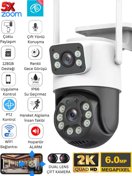 6MP Dual Lens Akıllı WiFi Güvenlik Kamerası Gece Görüşü Hareketli PTZ İnsan Takibi Sesli Alarm 3012