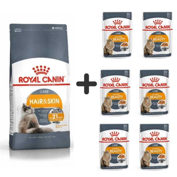 Royal Canin Hair&Skin Hassas Tüylü Kediler İçin Mama 4 kg + 6 Adet Yaş Mama