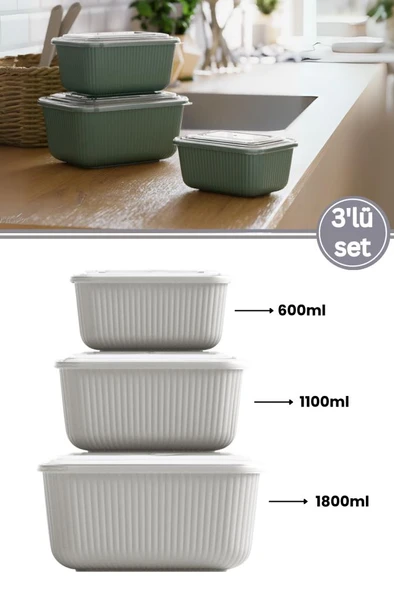 Flora 3’lü Erzak Gıda Saklama Kabı, Buzdolabı Düzenleyici Organizer 3’lü Set (600ml,1100ml,1800ml) - 4