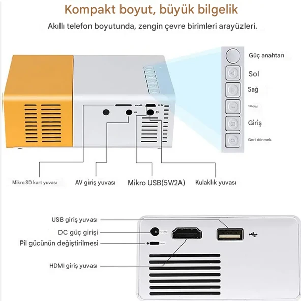 YG300 Akıllı Projeksiyon Cihazı  Taşınabilir Mini LED 5V Powerbank Destekli Bluetooth Ekran Yansıtma (Turuncu) - 2