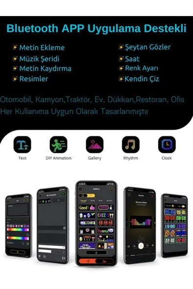 11x37cm Matrix Esnek LED Ekran Şeytan Gözler-Yazı-Gif  Telefon Kontrollü Bluetooth Tabela Araba Kamyon Dükkan - 2