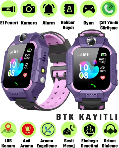 Watch Kameralı GPS Takipli Akıllı Çocuk Saati SIM Kartlı Ortam Dinleme iPhone Huawei Android iOS 8 9 Mor