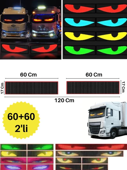 Animasyonlu 60+60cm 2'li Şeytan Led Gözler Araba Kamyon Otobüs Kumandalı Ön Cam Esnek Matrix Ekran - 8