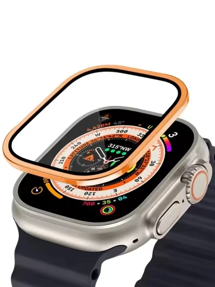 Apple Watch Uyumlu Ekran Koruyucu Turuncu 49mm Ultra 2-3 Temperli Akıllı Saat Camı Çizilmez Çelik Çerçeveli