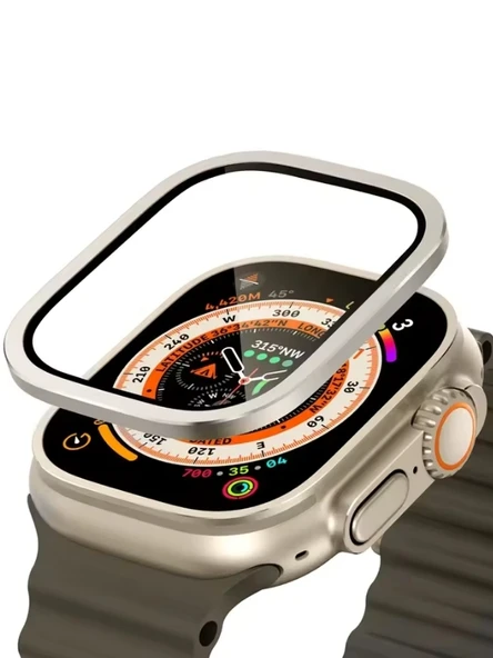 Apple Watch Uyumlu Ekran Koruyucu Gri 49mm Ultra 2-3 Temperli Akıllı Saat Camı Çizilmez Çelik Çerçeveli