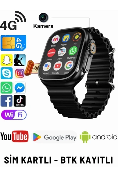 Watch Ultra Kameralı 4g Sim Kartlı 32gb Akıllı Saat Çocuk Wi-fi Googleplay Iphone Huawei Uyumlu 8-9