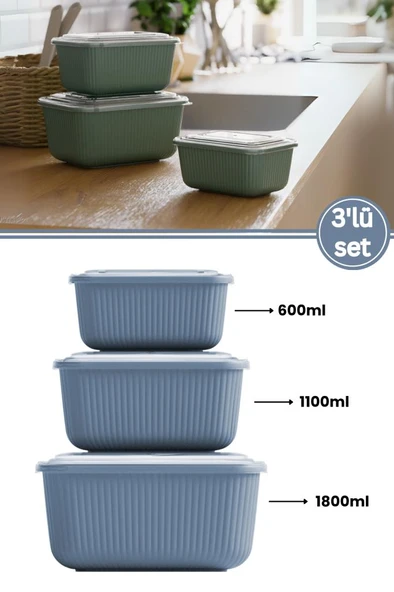 Flora 3’lü Erzak Gıda Saklama Kabı, Buzdolabı Düzenleyici Organizer 3’lü Set (600ml,1100ml,1800ml) - 7