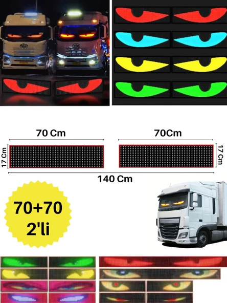 70+70cm 2'li Şeytan Led Gözler Animasyonlu Araba,kamyon,otobüs Kumandalı Esnek Ön Arka Cam Rgb Ekran