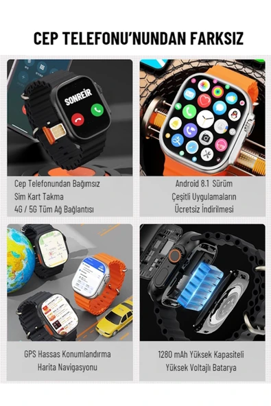 Watch Ultra Kameralı 4g Sim Kartlı 32gb Akıllı Saat Çocuk Wi-fi Googleplay Iphone Huawei Uyumlu 8-9 - 6