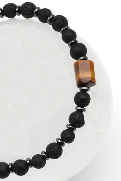 Kaplan Gözü-Lav Doğal Taş Makrome Örme Bileklik Küre Kesim - Resim 2