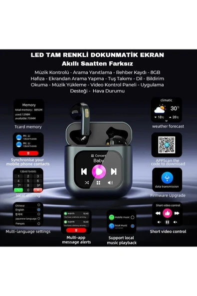TWS K1 Akıllı Bluetooth Kulaklık ENC Dokunmatik Ekranlı 8GB Hafıza Sesli Görüşme Kulak İçi Kulaklık - 3