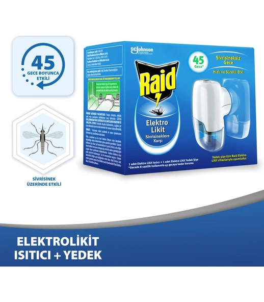 Raid Elekro Likit Cihaz ve 1 Yedek, 45 Gece (Sivrisineklere Karşı)