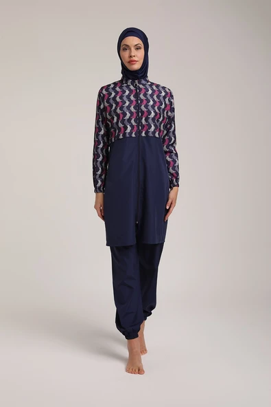Chelly Kadın Dijital Desenli Fermuarlı Tam Kapalı Tesettür Mayo T 5440 - 7