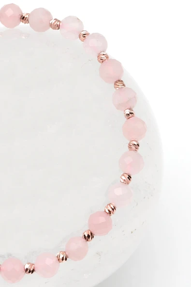 Pembe Kuvars Doğal Taş Makrome Örme Bileklik Fasetli Küre Kesim - Resim 2