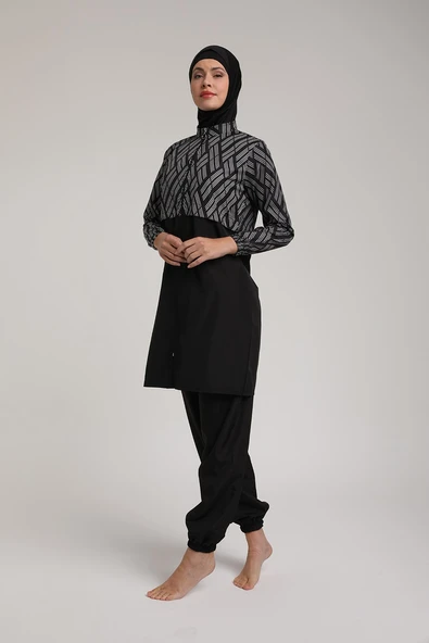 Chelly Kadın Dijital Desenli Fermuarlı Tam Kapalı Tesettür Mayo T 5440 - 4