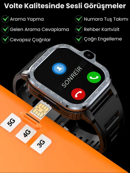 Watch PG Ultra Siyah 4G LTE 16GB Sim Kartlı Kameralı Akıllı Saat Wi-Fi Çocuk Huawei İphone Uyumlu 8-9-10 - 7