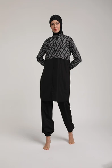 Chelly Kadın Dijital Desenli Fermuarlı Tam Kapalı Tesettür Mayo T 5440 - 3