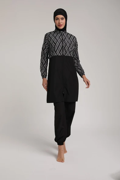 Chelly Kadın Dijital Desenli Fermuarlı Tam Kapalı Tesettür Mayo T 5440 - 2