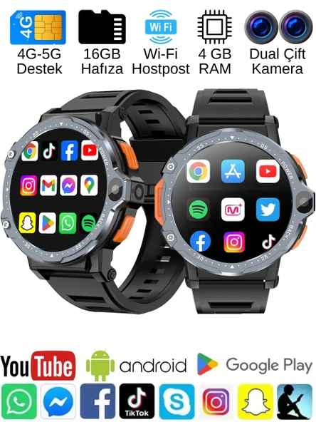 Watch PG Siyah 4G LTE Yuvarlak Akıllı Saat 16GB SIM Kartlı Kameralı WiFi Çocuk Huawei iPhone Uyumlu 8 9 10