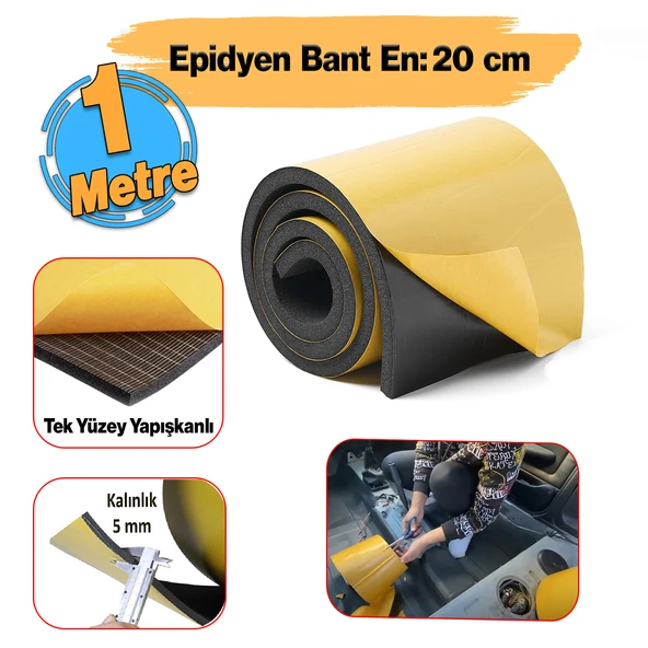 Yapışkanlı Araç Ses Isı Yalıtım İzolasyon Bandı En:20 cm Kalınlık:5 mm Uzunluk 1 Metre Kauçuk Sünger