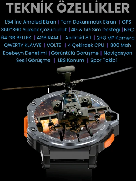 Watch PG 4G LTE Yuvarlak Akıllı Saat 64GB SIM Kartlı Kameralı WiFi Çocuk Ve Yetişkin Huawei iPhone Uyumlu 8 9 10 - 12