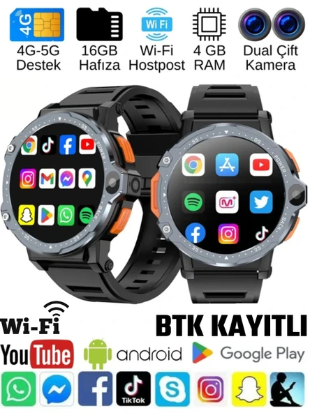 Watch PG Siyah 4G LTE Yuvarlak Akıllı Saat 16GB SIM Kartlı Kameralı WiFi Çocuk Huawei iPhone Uyumlu 8 9 10