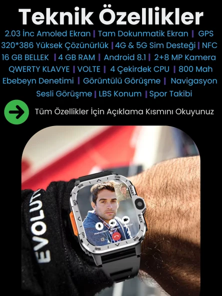 Watch PG Ultra Siyah 4G LTE 16GB Sim Kartlı Kameralı Akıllı Saat Wi-Fi Çocuk Huawei İphone Uyumlu 8-9-10 - 3