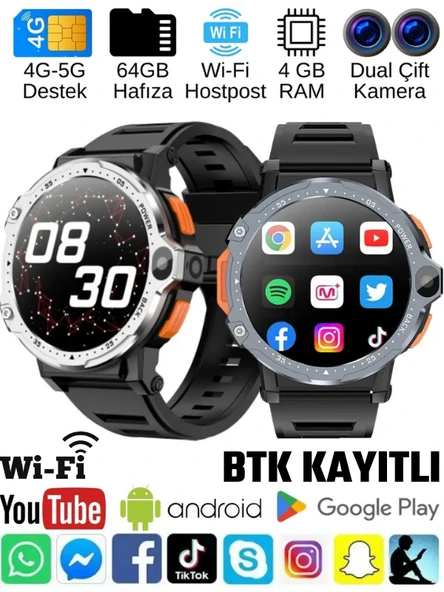 Watch PG 4G LTE Yuvarlak Akıllı Saat 64GB SIM Kartlı Kameralı WiFi Çocuk Ve Yetişkin Huawei iPhone Uyumlu 8 9 10