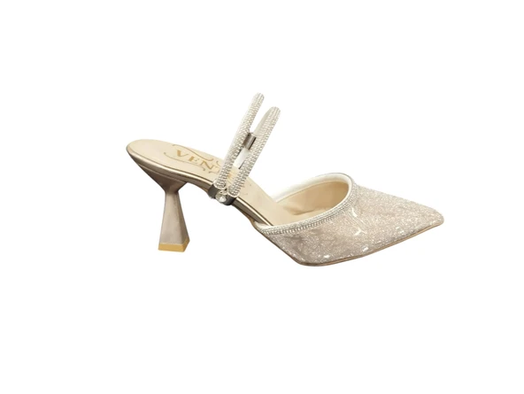 Ventes 22211919Z 8 cm Kadeh Topuk Sivri Burun Taş Detaylı Kadın Şık Topuklu Abiye Terlik Ayakkabı