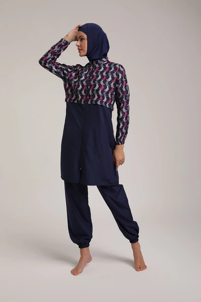 Chelly Kadın Dijital Desenli Fermuarlı Tam Kapalı Tesettür Mayo T 5440 - 11