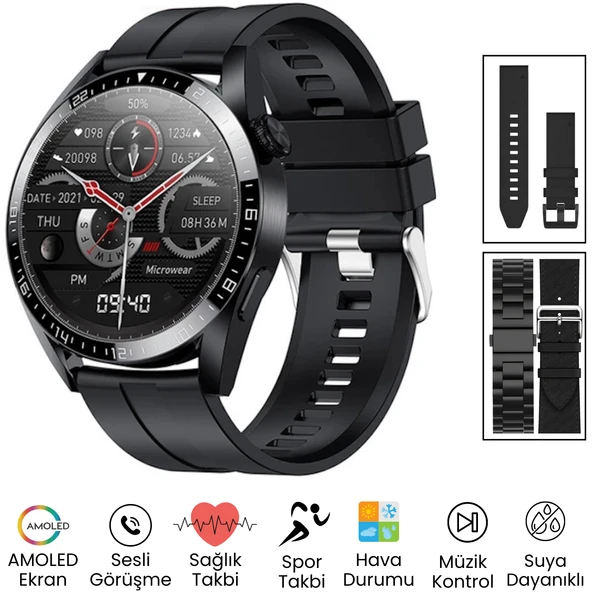 1.52 İnç AMOLED Spor Erkek Akıllı Saat - Yuvarlak Kasa, Android-Huawei - iPhone Uyumlu Watch 8,9,10