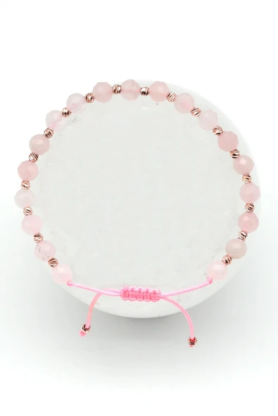 Pembe Kuvars Doğal Taş Makrome Örme Bileklik Fasetli Küre Kesim ürün görseli