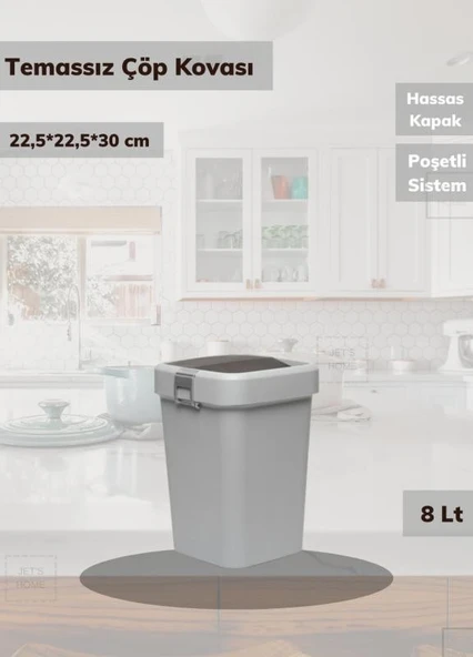 Çöp Kovası Aç-Kapa Banyo Çöp Kutusu Küçük Mutfak Çöp Kovası Gri 8 Litre