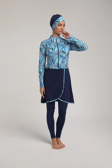 Chelly Kadın Likralı Dijital Desenli Pareolu Tam Kapalı Tesettür Mayo S 5270