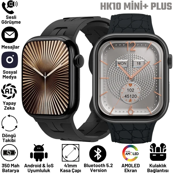 Watch HK 10 + Mini Plus Siyah AMOLED Ekranlı Akıllı Saat 41mm, 2GB Depolama, iPhone & Huawei Uyumlu 8,9,10