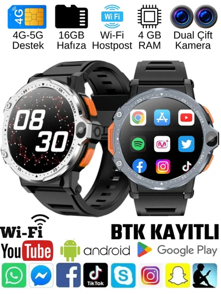 Watch PG Gümüş 4G LTE Yuvarlak Akıllı Saat 16GB SIM Kartlı Kameralı WiFi Çocuk Huawei iPhone Uyumlu 8 9 10