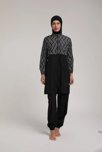 Chelly Kadın Dijital Desenli Fermuarlı Tam Kapalı Tesettür Mayo T 5440