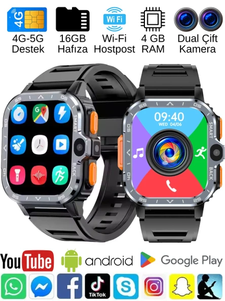 Watch PG Ultra Siyah 4G LTE 16GB Sim Kartlı Kameralı Akıllı Saat Wi-Fi Çocuk Huawei İphone Uyumlu 8-9-10 - 1