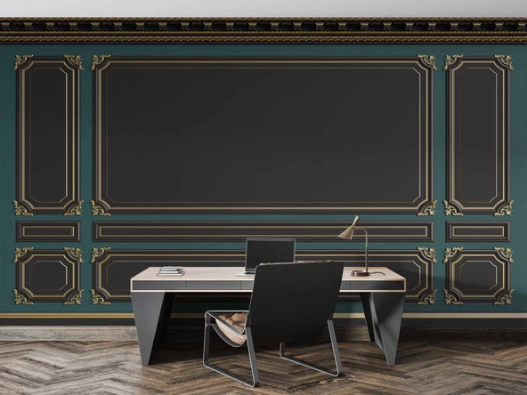 3D Siyah ve Yeşil Panel Altın Motif Görünümlü Duvar Kağıdı Baskı - Resim 3