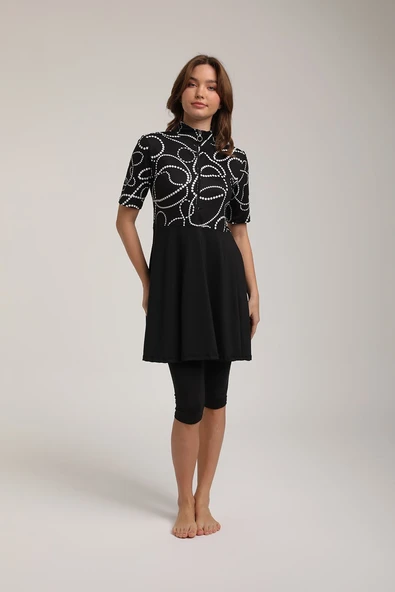 Chelly Kadın Kısa Kollu Dijital Desenli Pileli Yarı Kapalı Tesettür Mayo S 5130 - 5