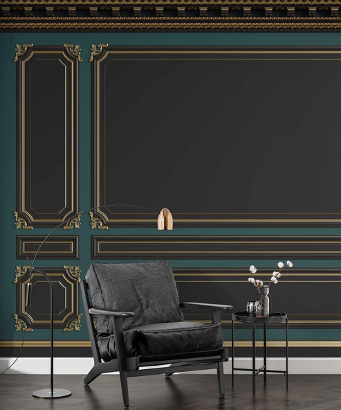 3D Siyah ve Yeşil Panel Altın Motif Görünümlü Duvar Kağıdı Baskı - Resim 5