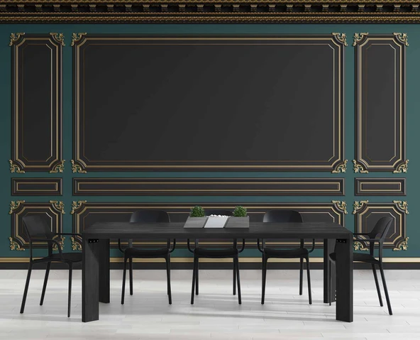 3D Siyah ve Yeşil Panel Altın Motif Görünümlü Duvar Kağıdı Baskı - Resim 4