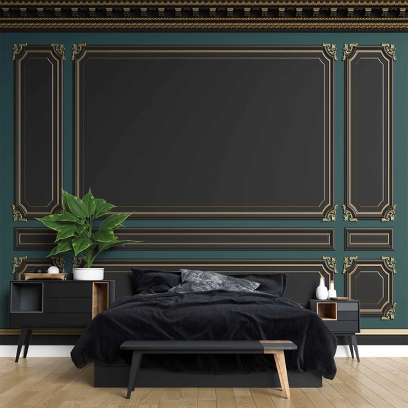 3D Siyah ve Yeşil Panel Altın Motif Görünümlü Duvar Kağıdı Baskı - Resim 2
