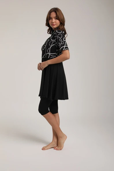 Chelly Kadın Kısa Kollu Dijital Desenli Pileli Yarı Kapalı Tesettür Mayo S 5130 - 3