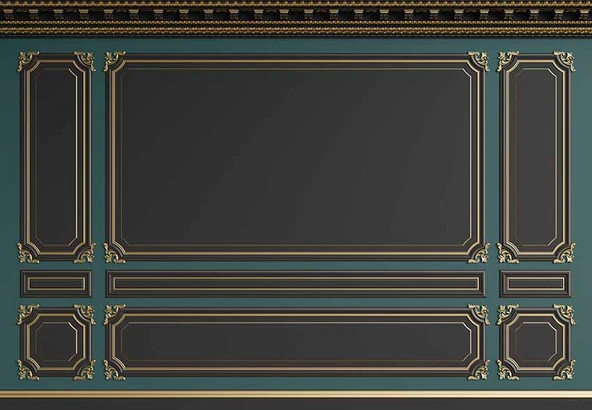3D Siyah ve Yeşil Panel Altın Motif Görünümlü Duvar Kağıdı Baskı - Resim 6